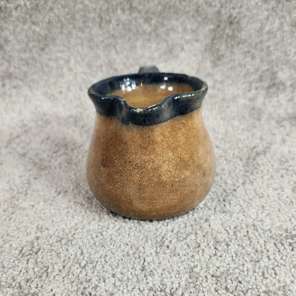 Studio Pottery Creamer Pitcher Tan Cobalt Blue‎ Rustic Farmhouse Small